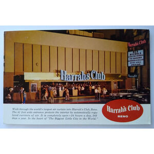 Harrahs Club Casino Postcard Reno Nevada Gambling Hall Old Cars Red Nichols Jazz